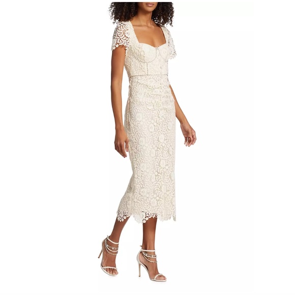 NWT $585 Self-Portrait Cream Rose Lace & Crystal Midi-Dress in cream! - Picture 5 of 11